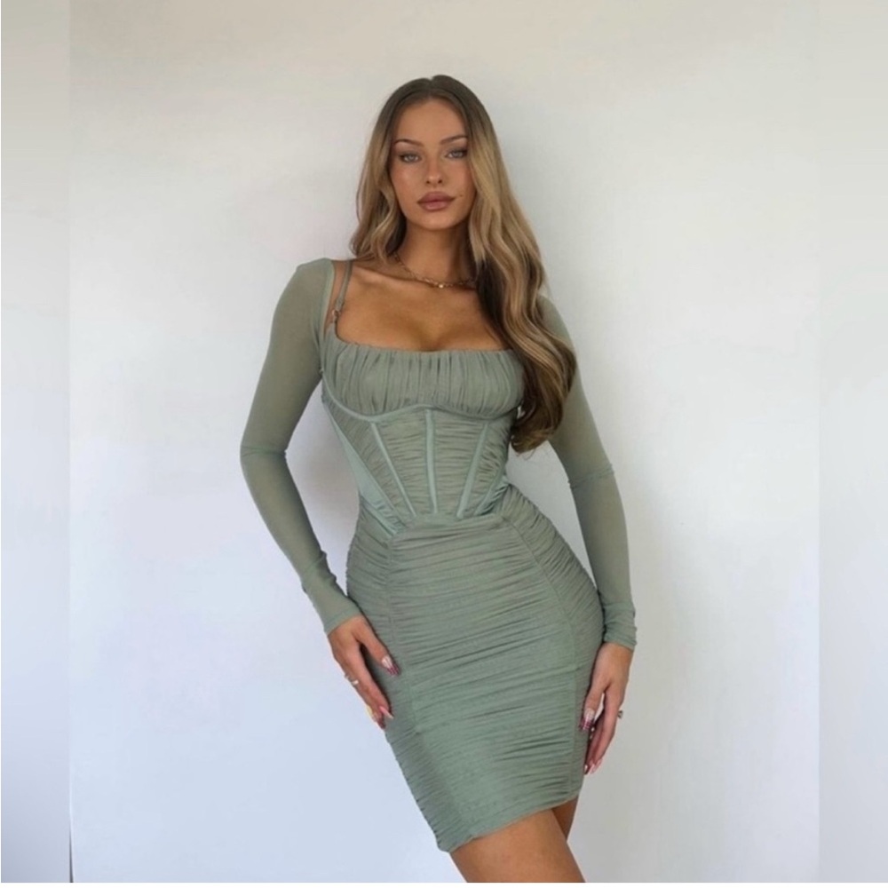 House of CB Freyja Satin Ruched Long Sleeve Body-Con Dress